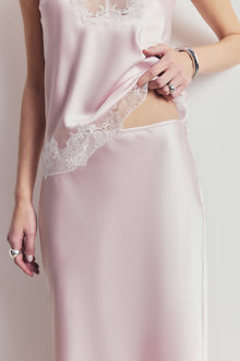 Satin Lace Detail Midi Skirt - Blush/White
