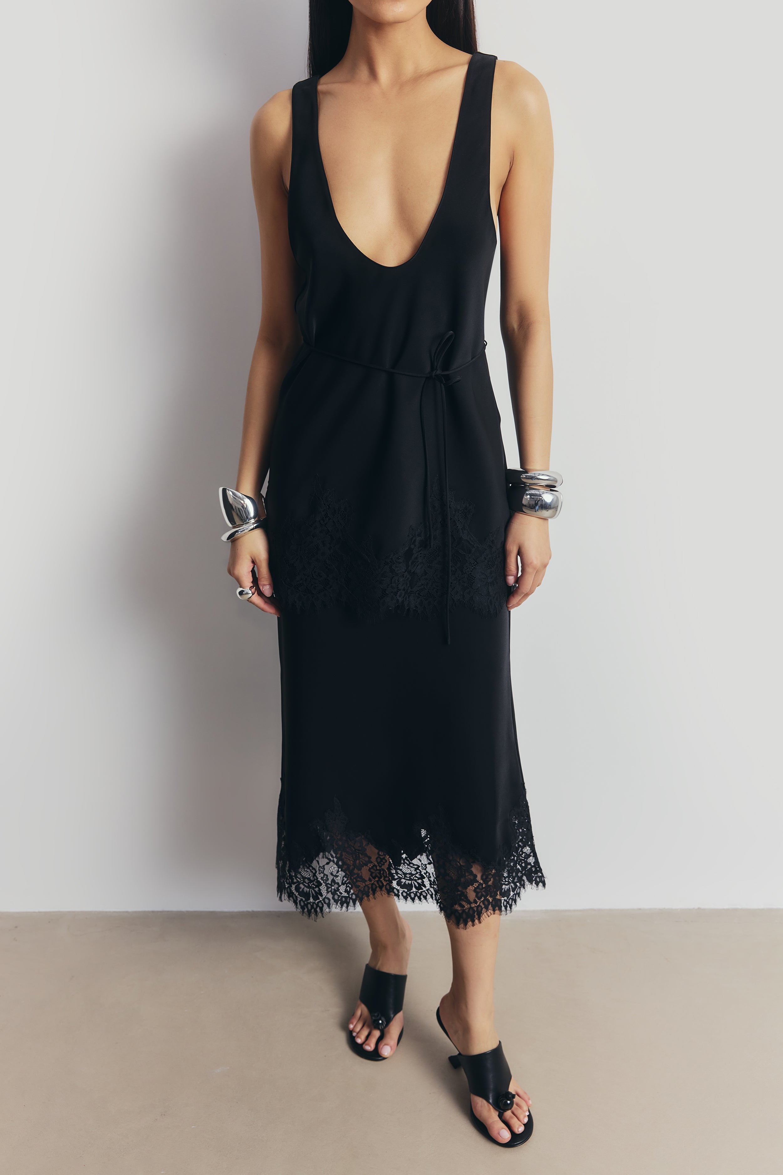 Lace Hem Column Maxi Skirt - Black