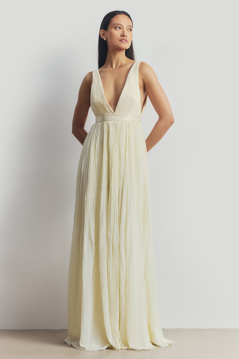 Pleated Chiffon Plunging V Neck Gown - Buttermilk