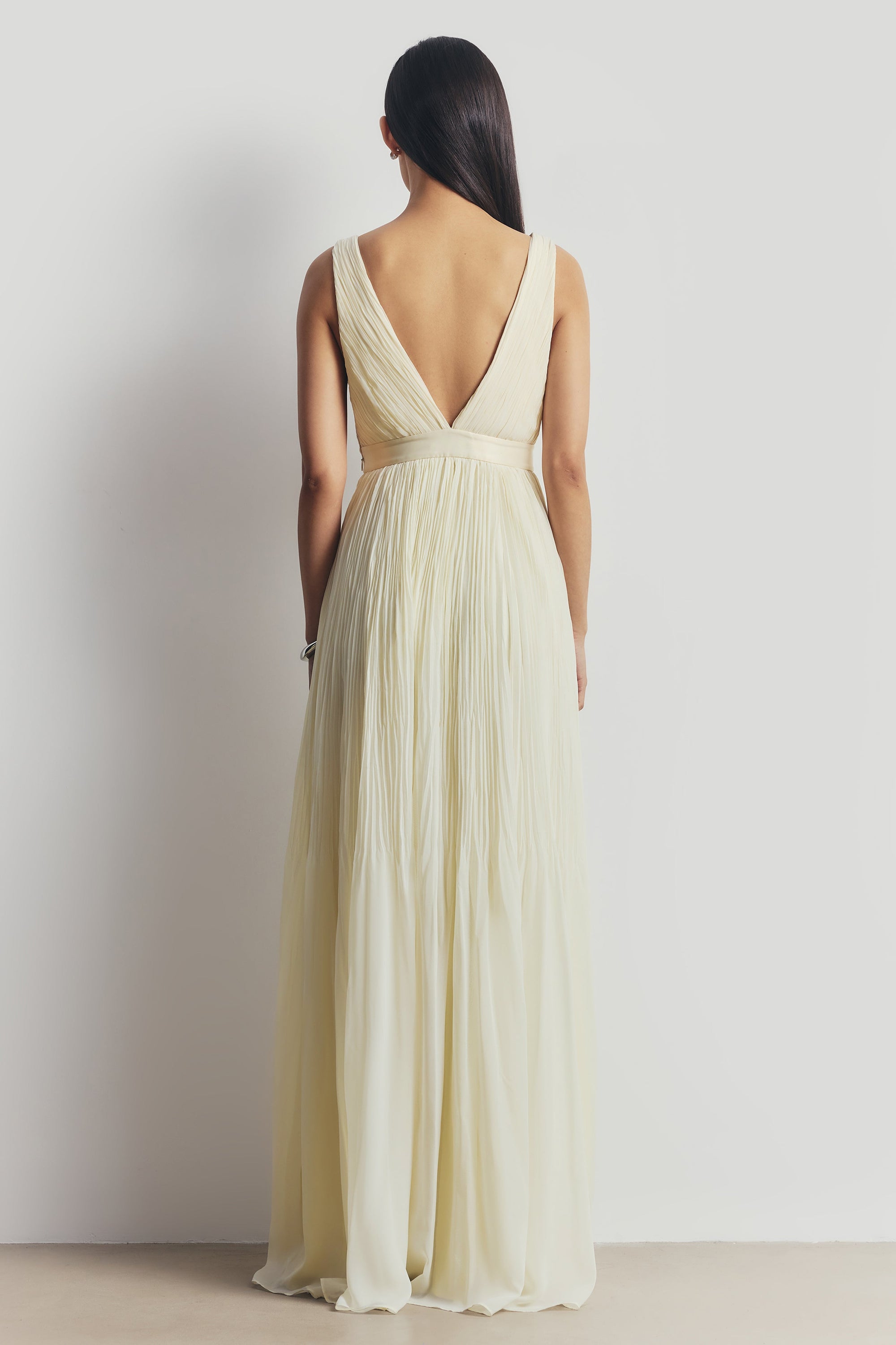 Pleated Chiffon Plunging V Neck Gown - Buttermilk