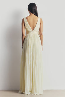 Pleated Chiffon Plunging V Neck Gown - Buttermilk