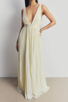 Pleated Chiffon Plunging V Neck Gown - Buttermilk