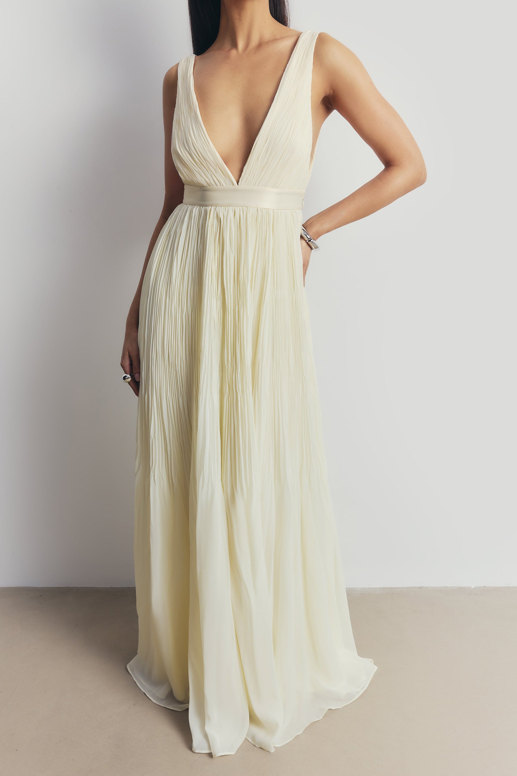 Pleated Chiffon Plunging V Neck Gown - Buttermilk