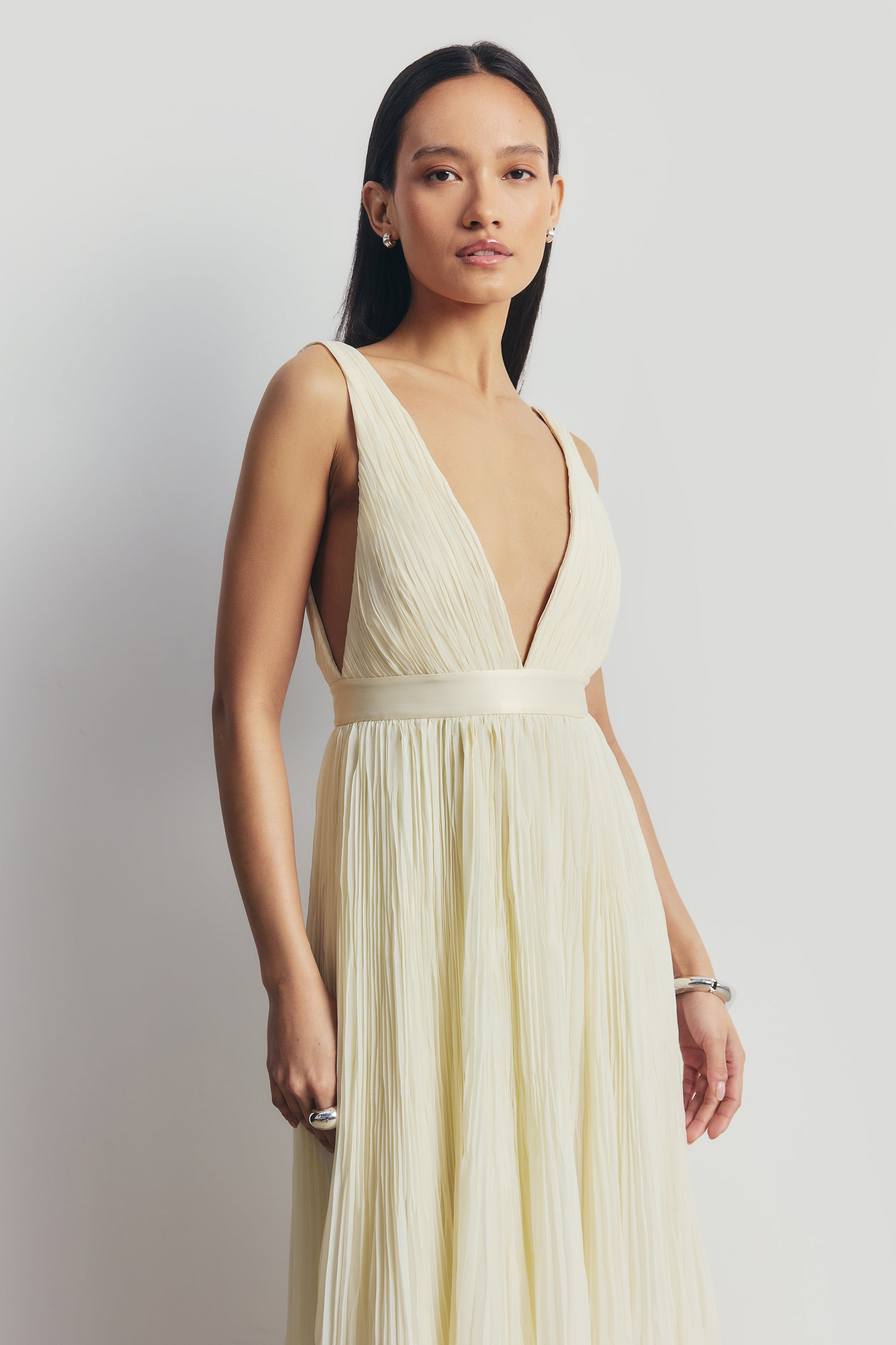 Pleated Chiffon Plunging V Neck Gown - Buttermilk