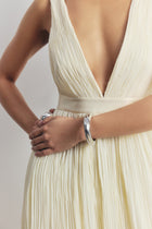 Pleated Chiffon Plunging V Neck Gown - Buttermilk