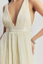 Pleated Chiffon Plunging V Neck Gown - Buttermilk