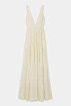 Pleated Chiffon Plunging V Neck Gown - Buttermilk