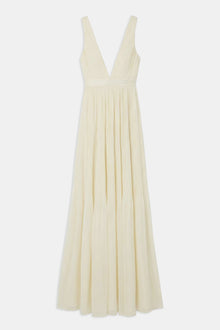 Pleated Chiffon Plunging V Neck Gown - Buttermilk