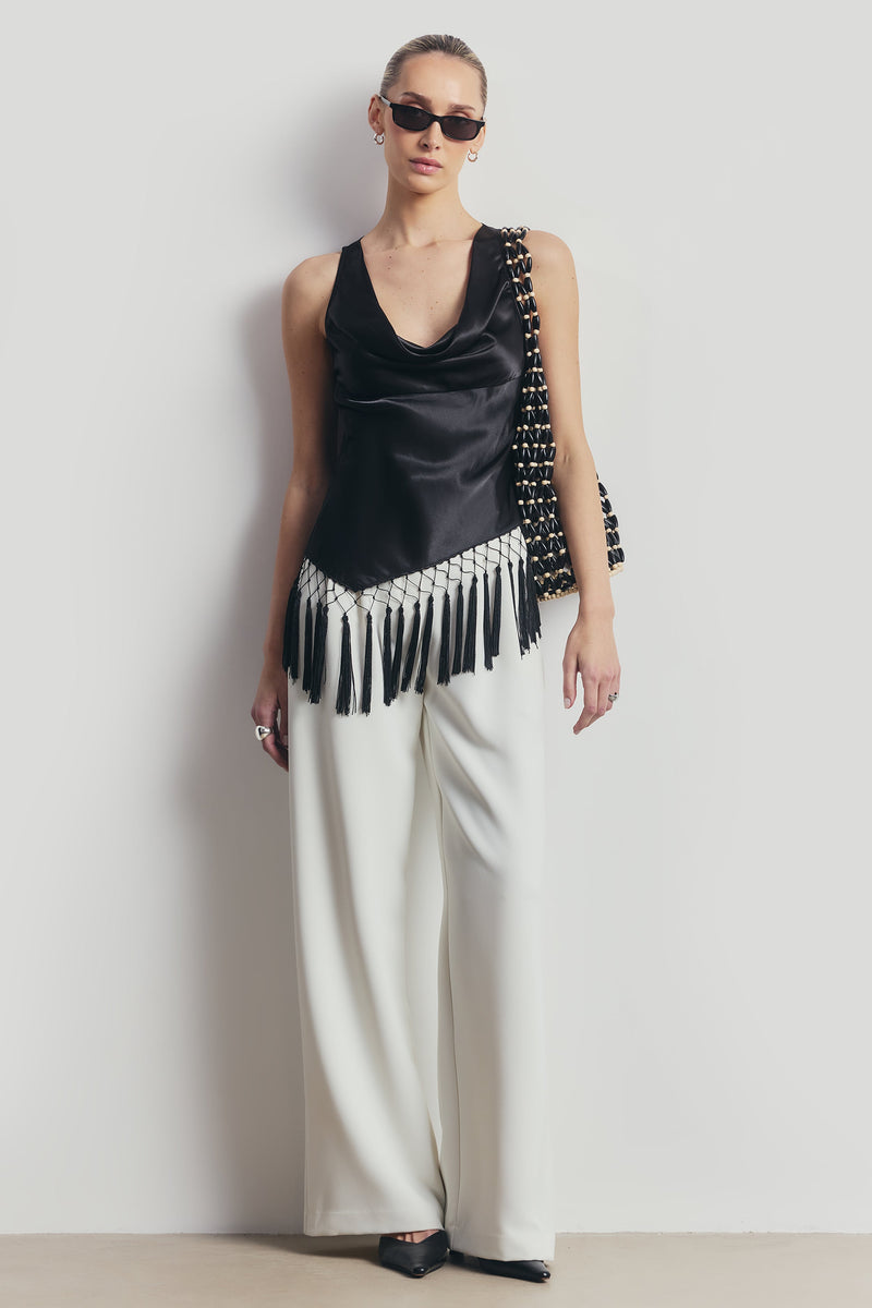 Satin Cowl Neck Tassel Hem Top - Black