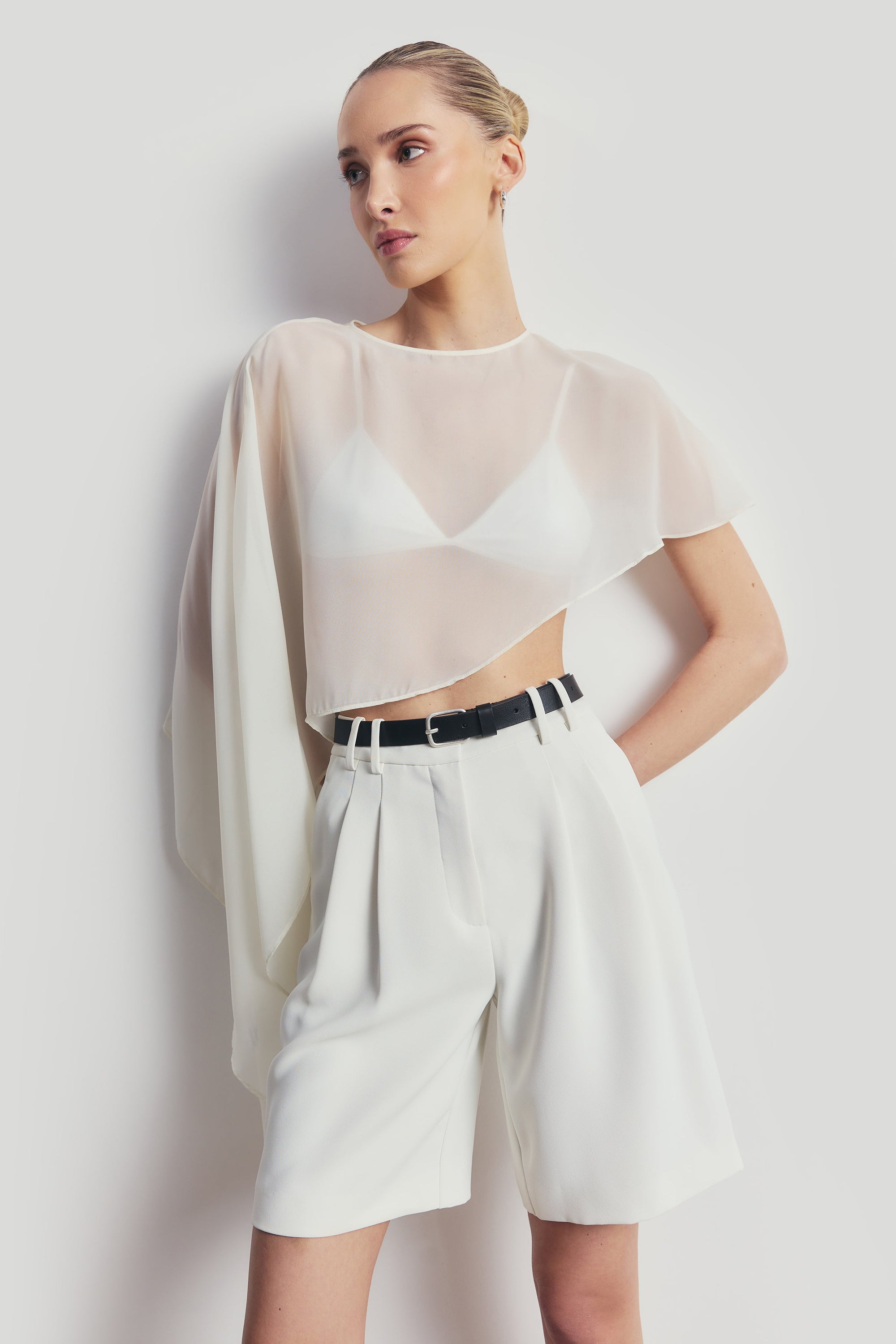 Sheer Chiffon Asymmetric Cape - Cream