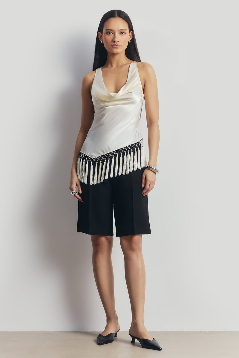Satin Cowl Neck Tassel Hem Top - Cream