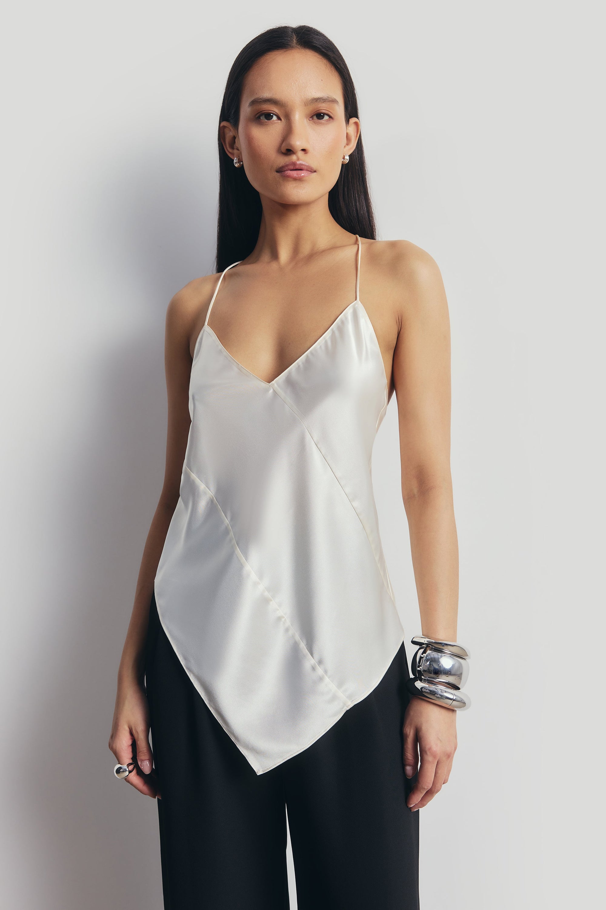 Satin Panel Detail V Neck Camisole - Cream