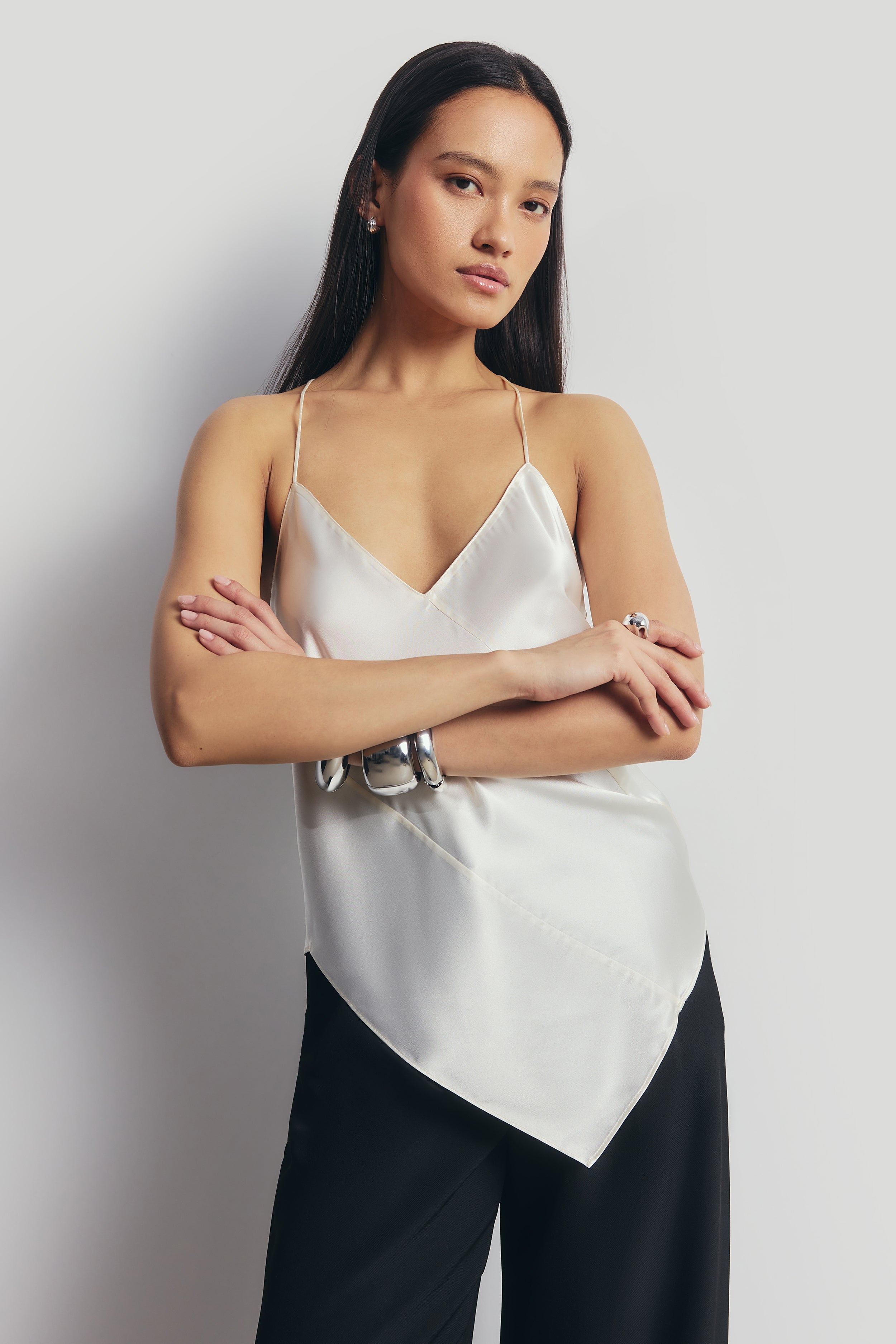 Satin Panel Detail V Neck Camisole - Cream