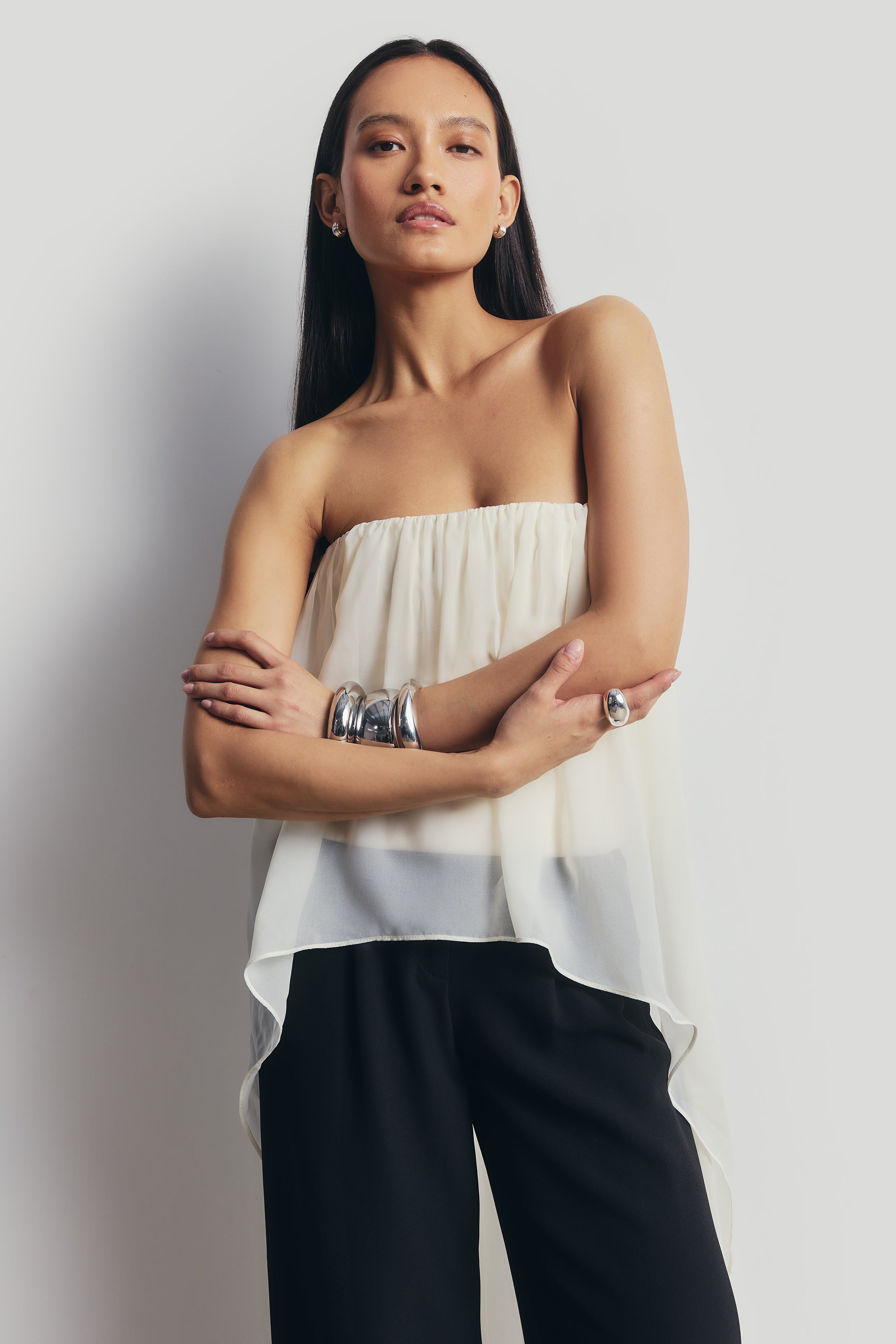 Strapless Chiffon Layered Corset Top - Cream