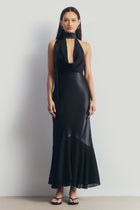 Satin Panel Scarf Detail Midi Dress - Black