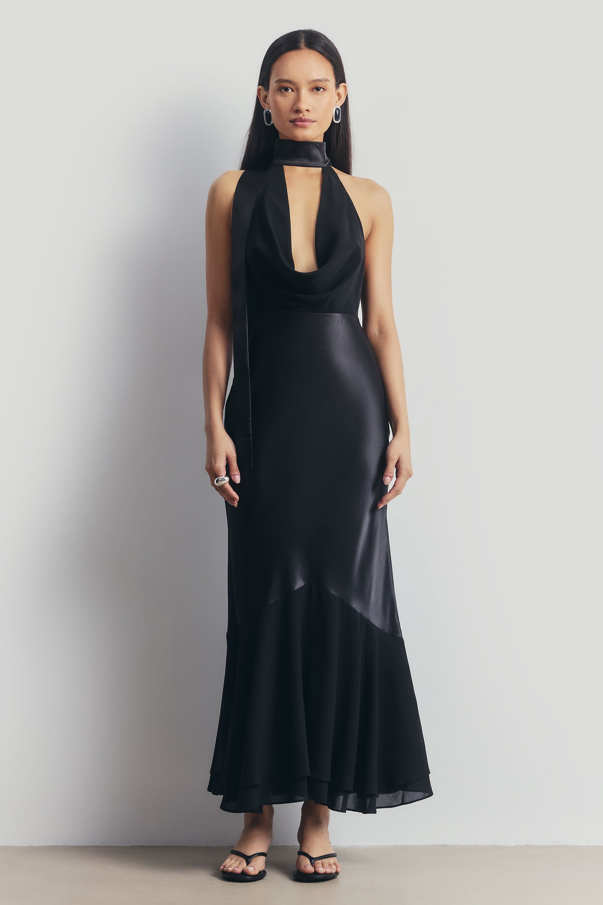 Satin Panel Scarf Detail Midi Dress - Black