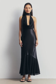 Satin Panel Scarf Detail Midi Dress - Black