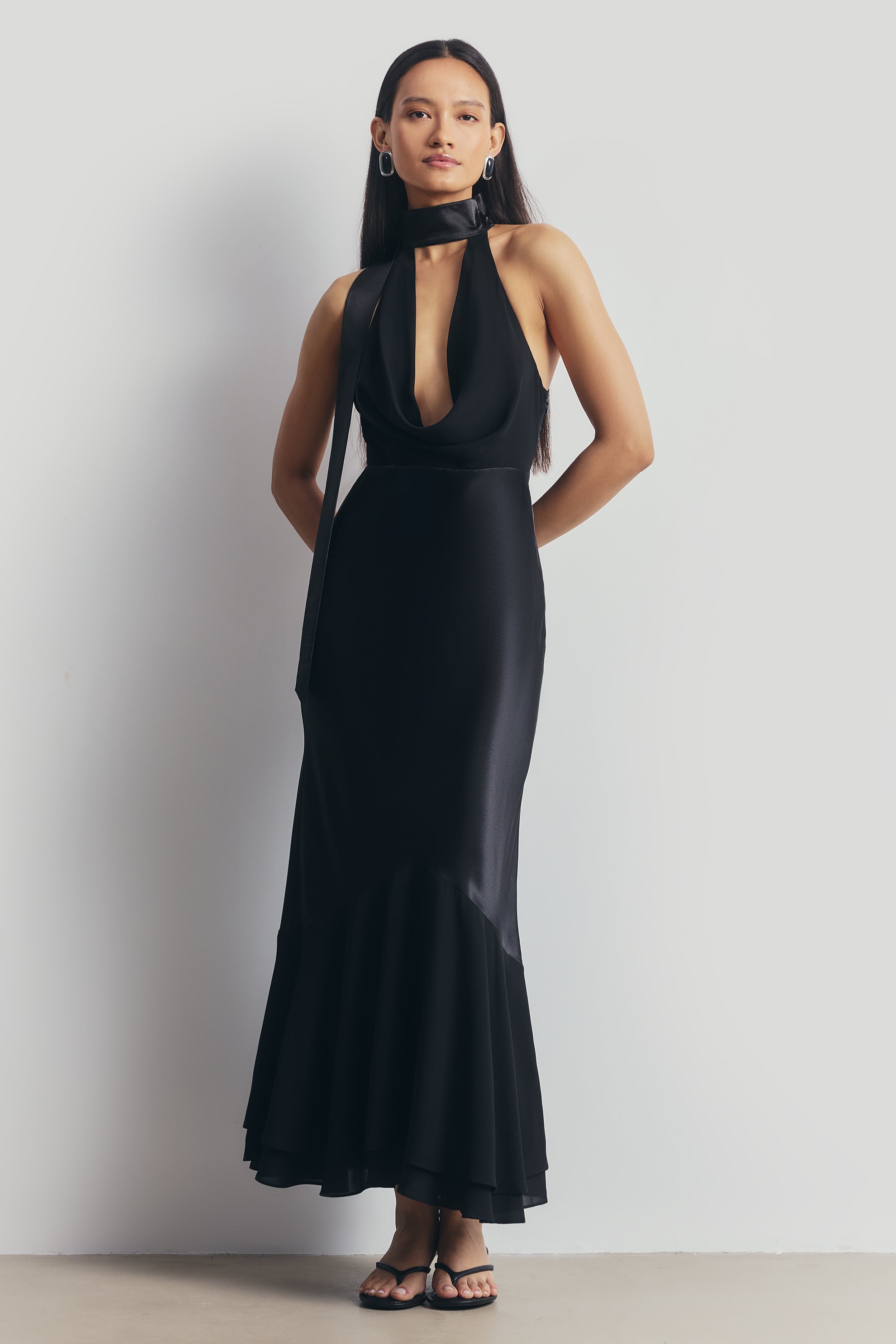 Satin Panel Scarf Detail Midi Dress - Black