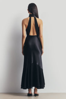 Satin Panel Scarf Detail Midi Dress - Black