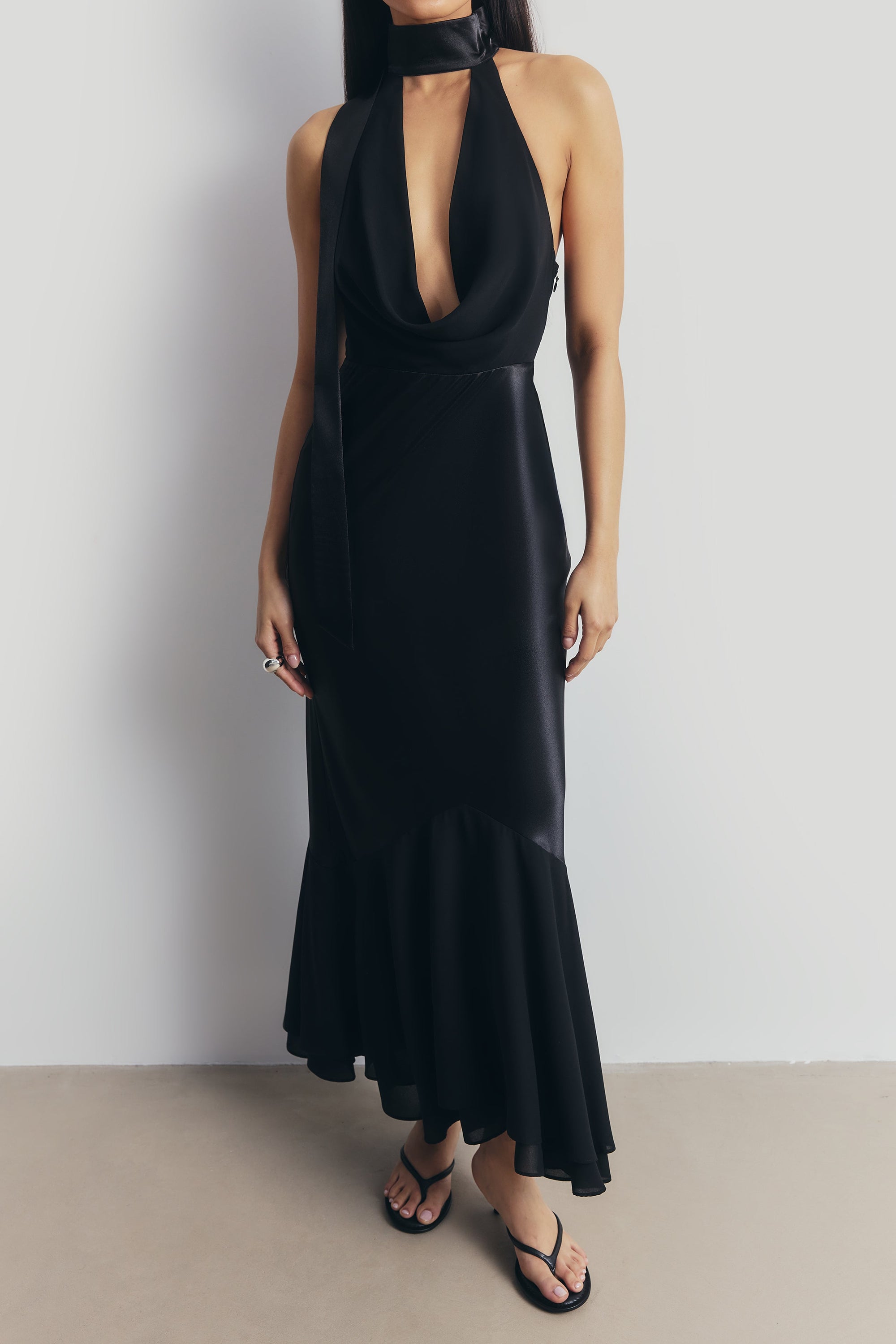 Satin Panel Scarf Detail Midi Dress - Black