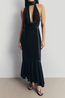 Satin Panel Scarf Detail Midi Dress - Black