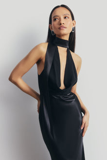 Satin Panel Scarf Detail Midi Dress - Black