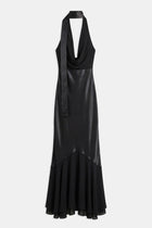 Satin Panel Scarf Detail Midi Dress - Black