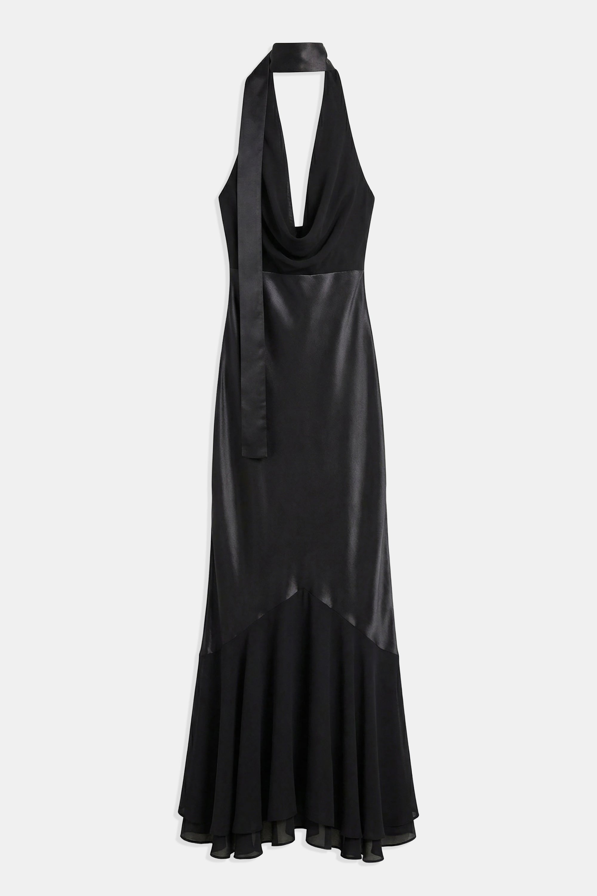 Satin Panel Scarf Detail Midi Dress - Black