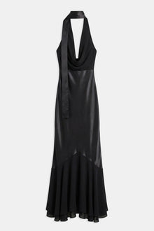 Satin Panel Scarf Detail Midi Dress - Black