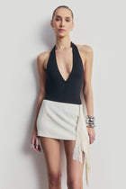 Satin Jacquard Mini Skirt with Fringing - Cream