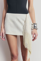 Satin Jacquard Mini Skirt with Fringing - Cream