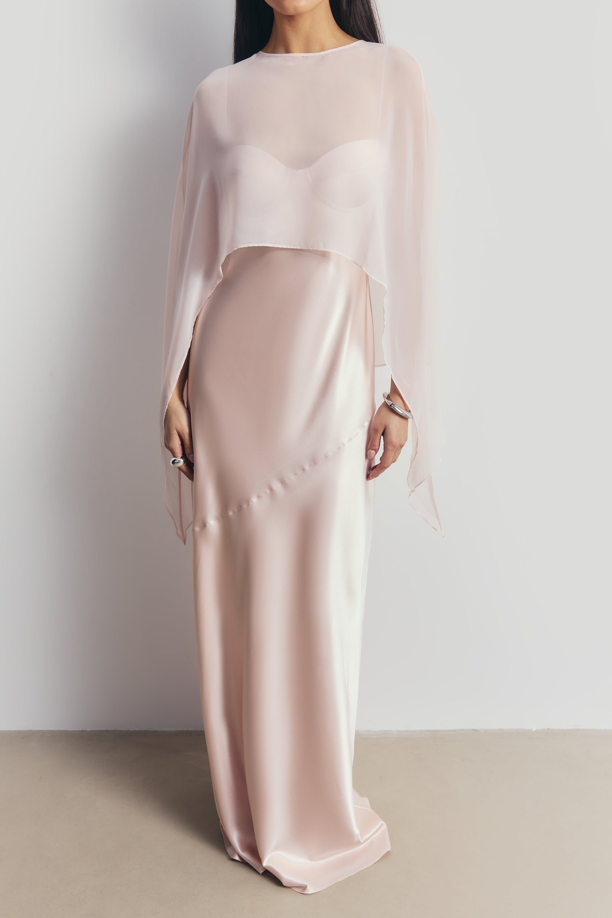 Sheer Chiffon Curved Hem Cape - Blush