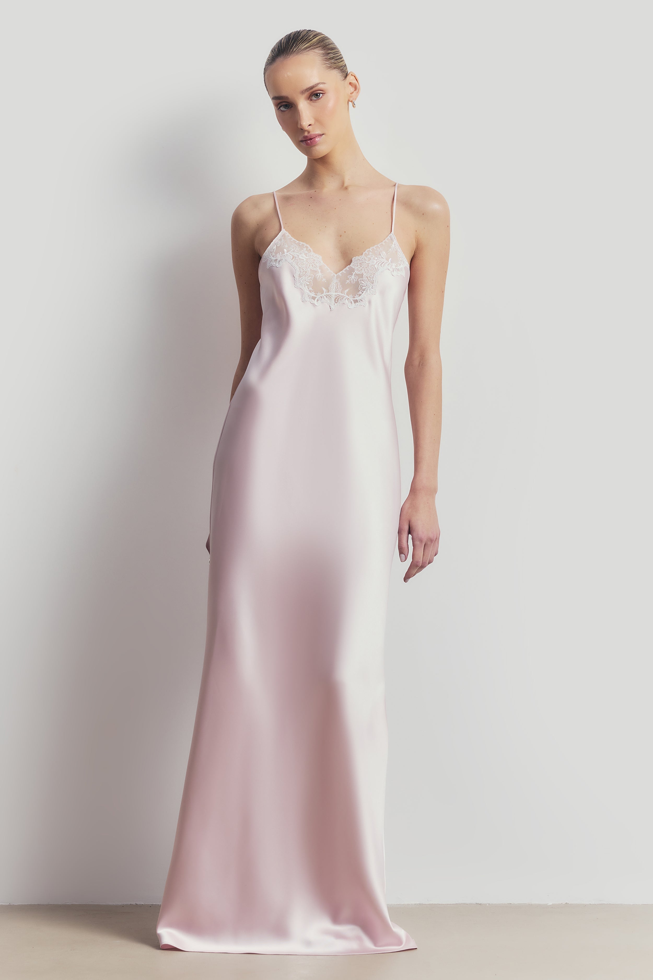 Satin Lace Detail Camisole Maxi Dress - Blush/White