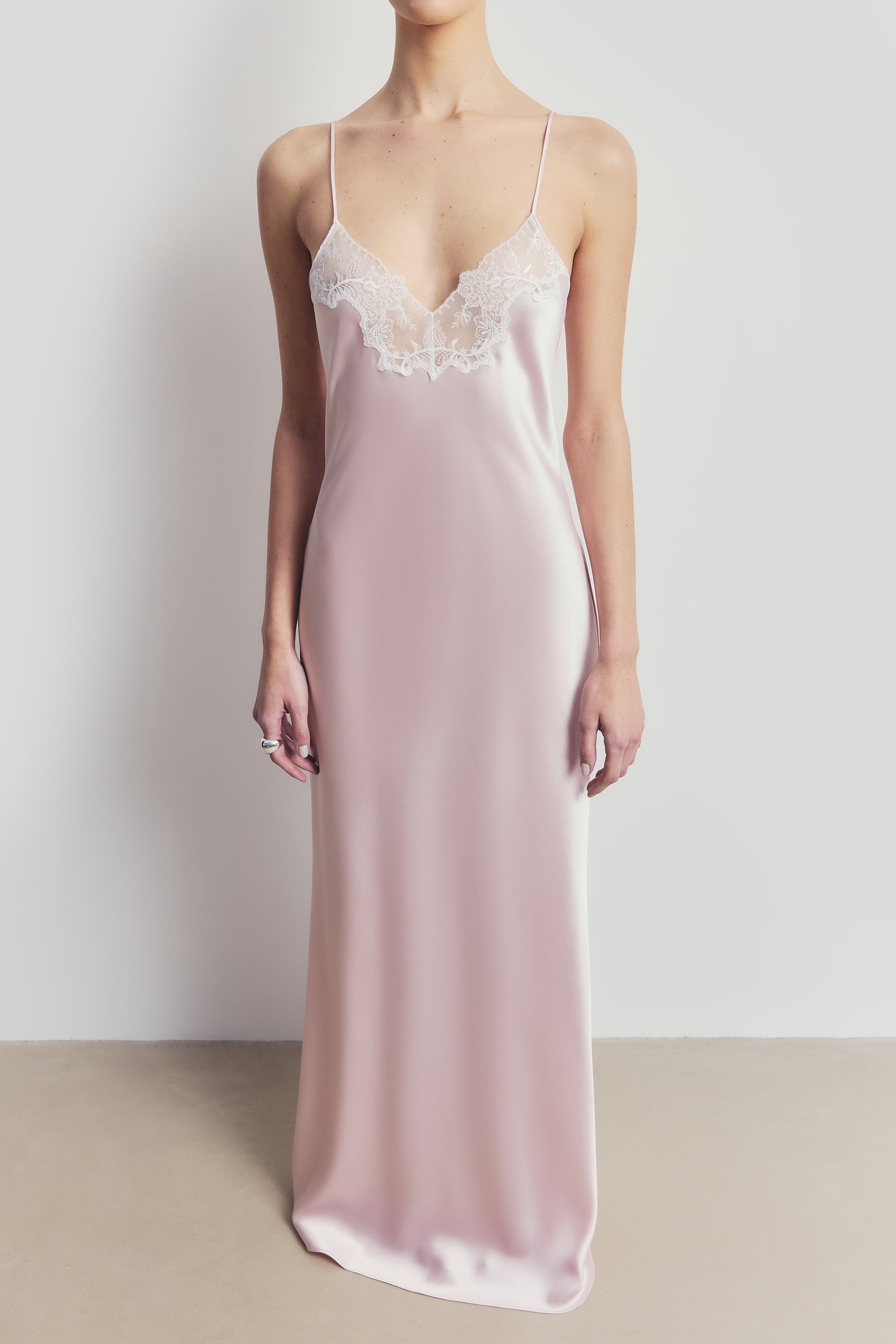 Satin Lace Detail Camisole Maxi Dress - Blush/White