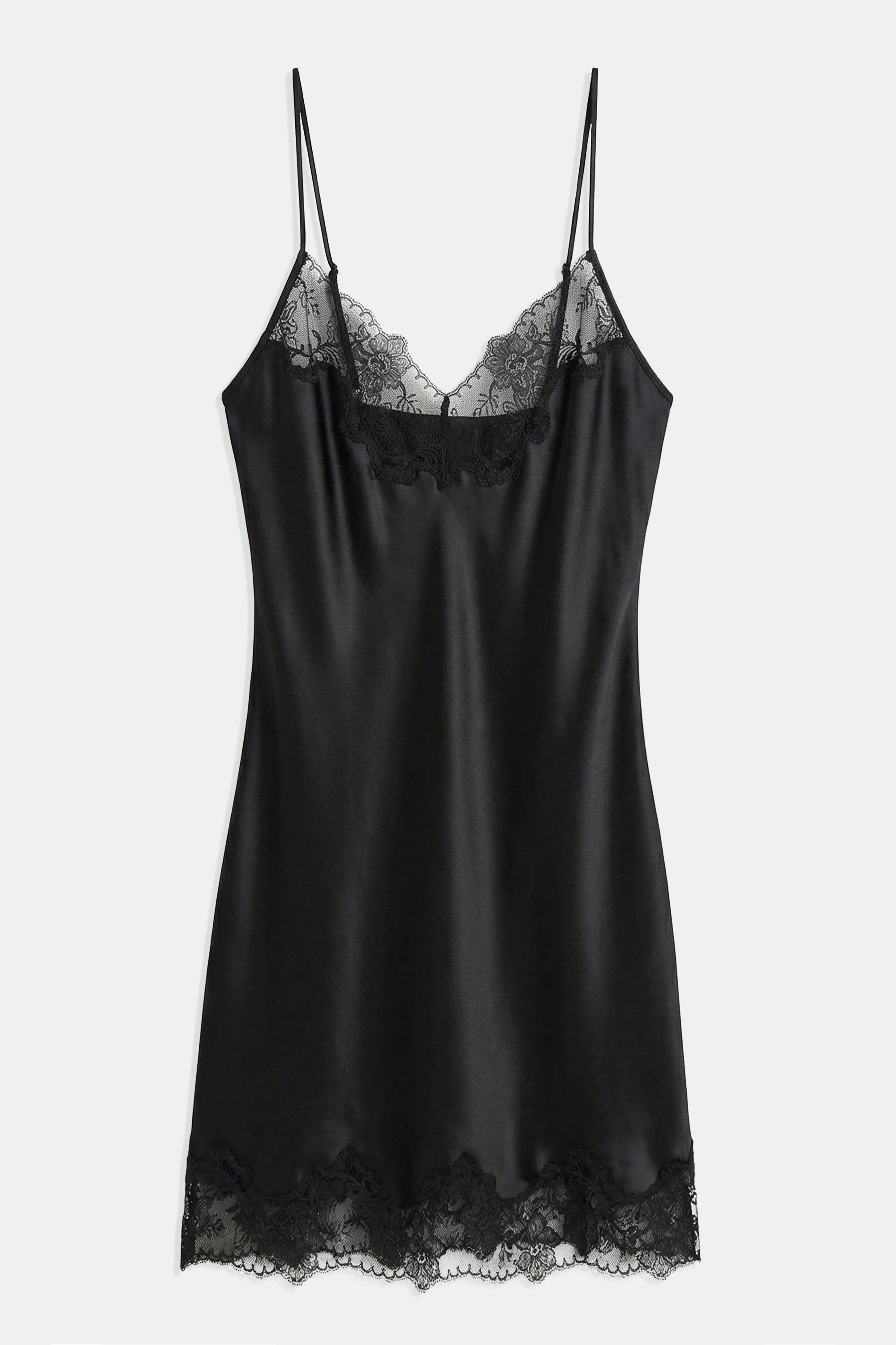 Satin Lace Detail Camisole Mini Dress - Black