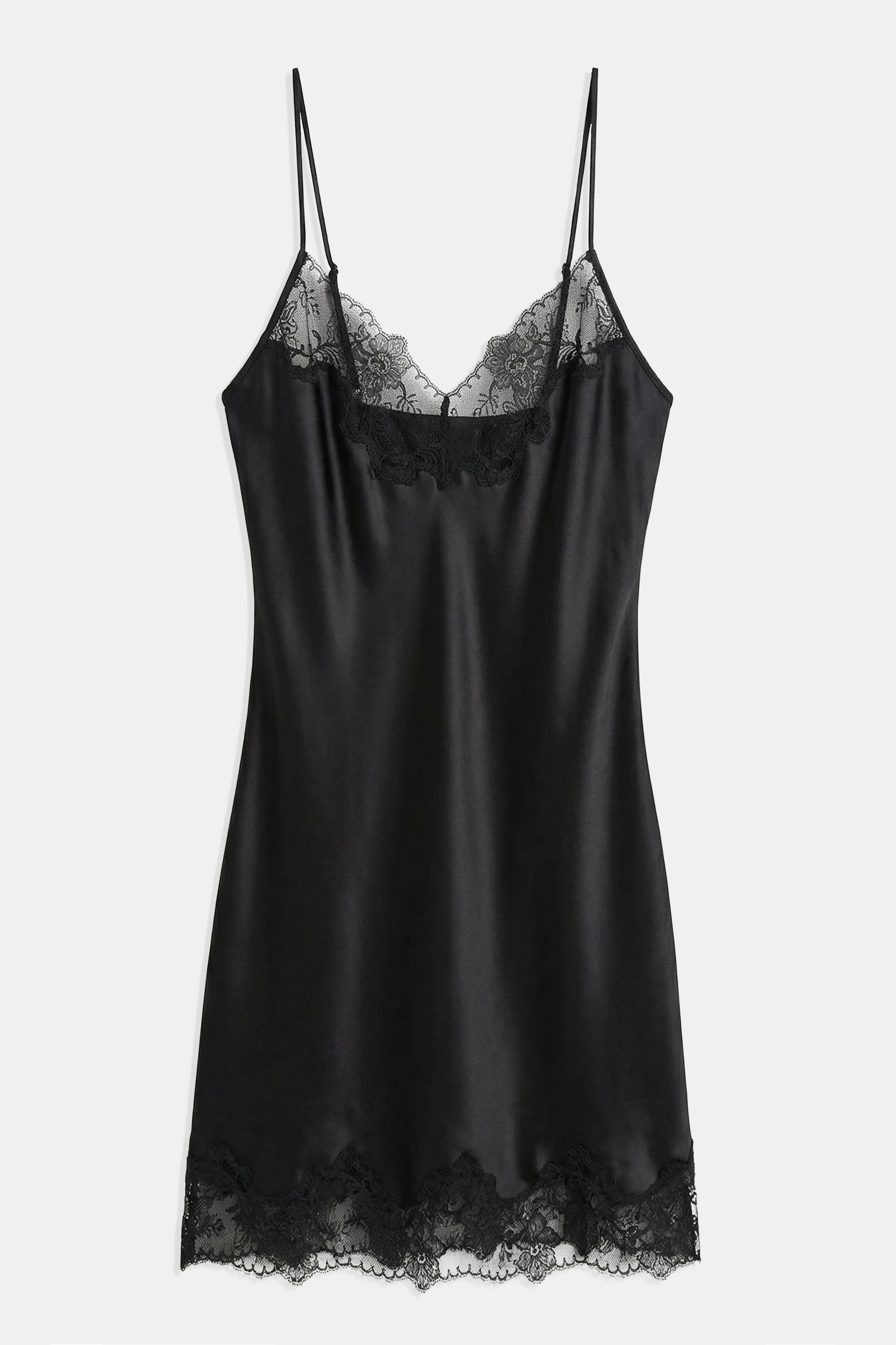 Satin Lace Detail Camisole Mini Dress - Black