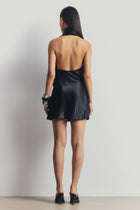 Satin Halterneck Scarf Mini Dress with Tassel - Black