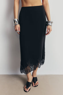 Lace Hem Column Maxi Skirt - Black