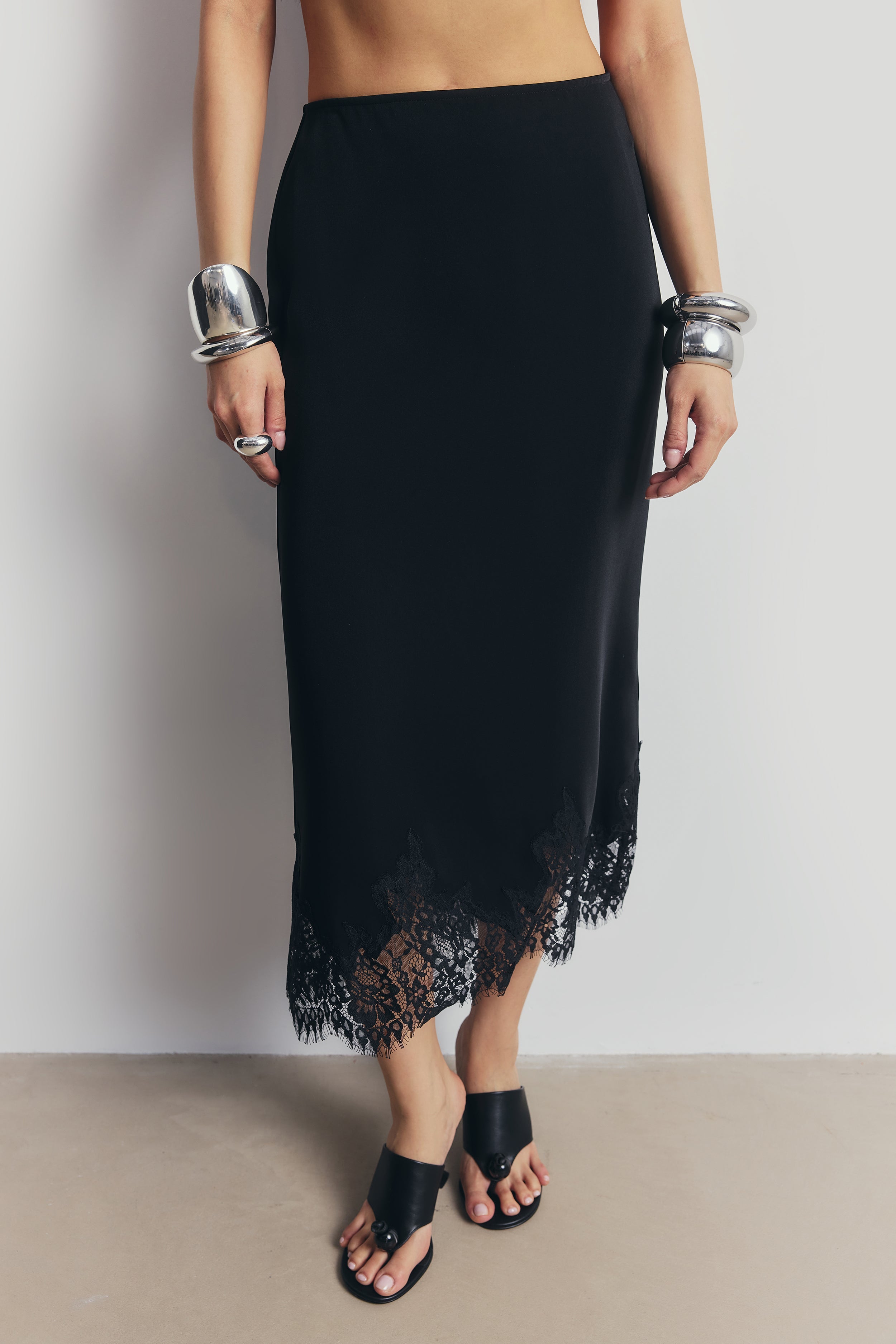 Lace Hem Column Maxi Skirt - Black