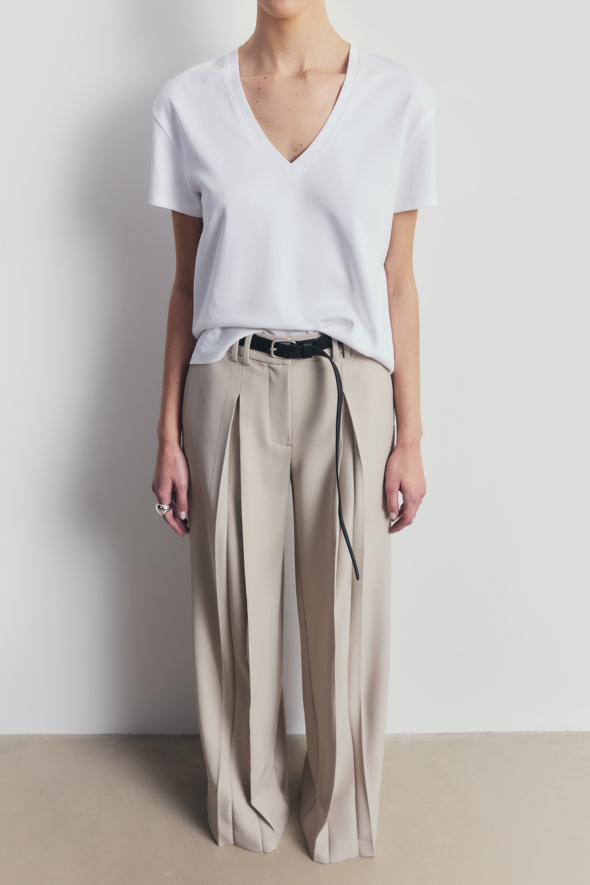 Box Pleat Tailored Wide Leg Trousers - Stone