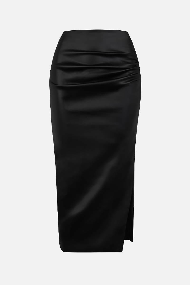 Ruched Leather Midi Skirt - Black