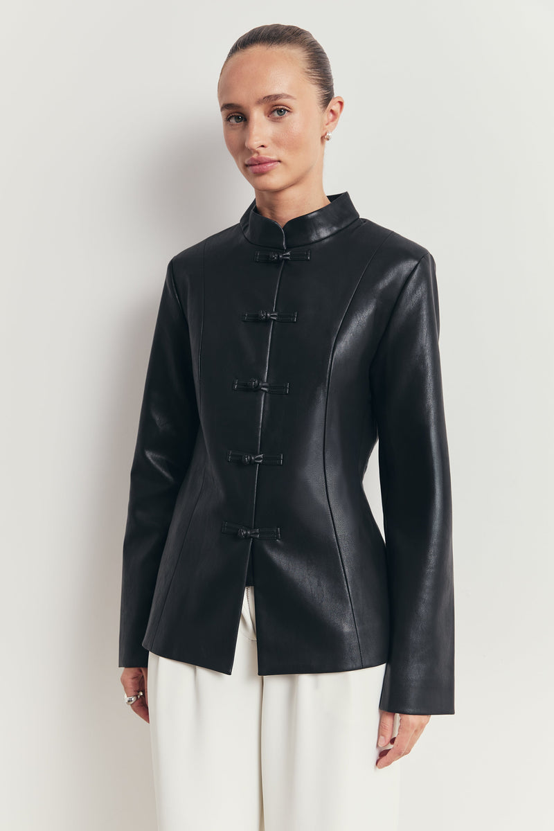 Leather Mandarin Collar Jacket - Black