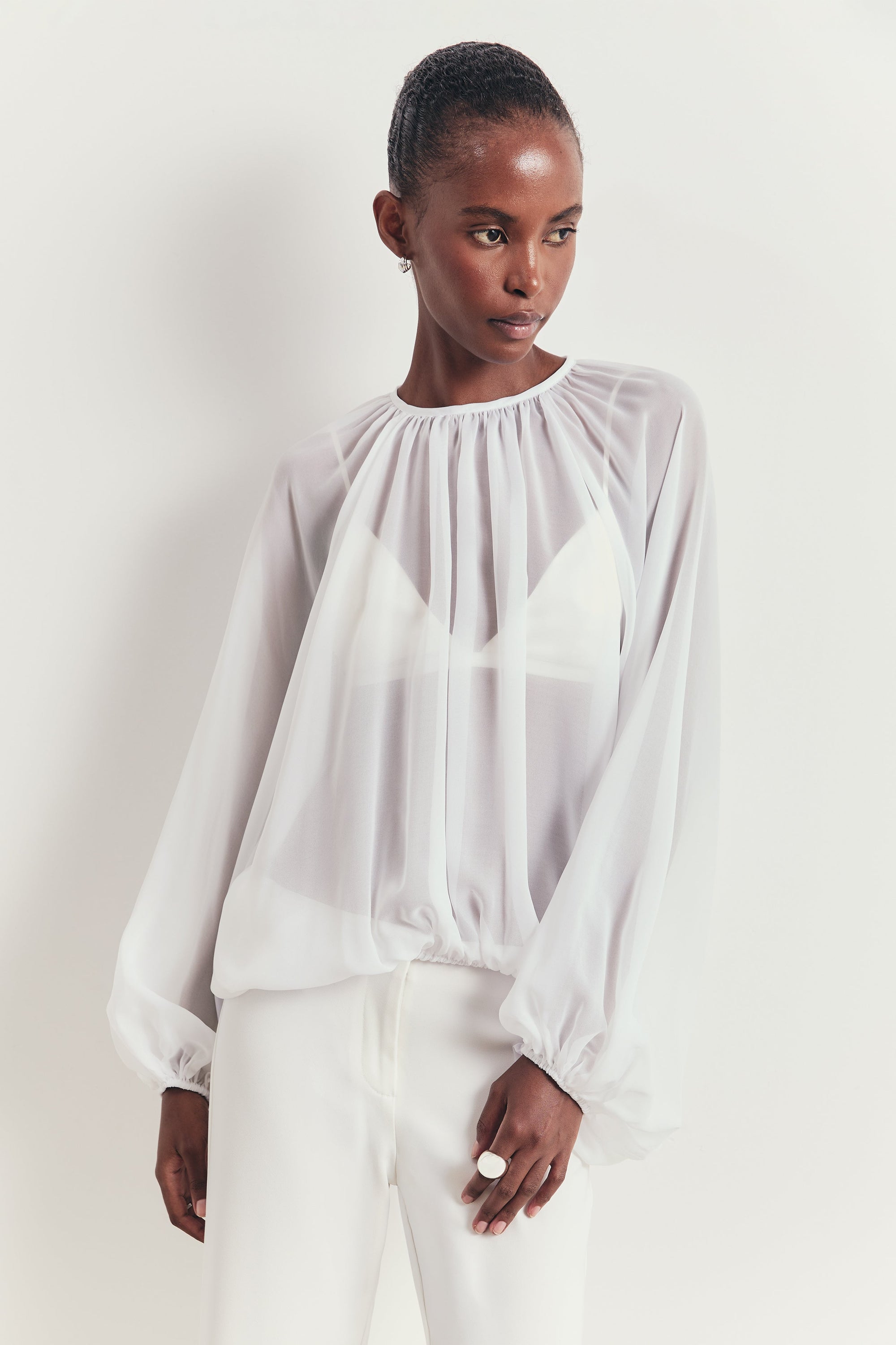 Sheer Chiffon Volume Sleeve Blouse - White