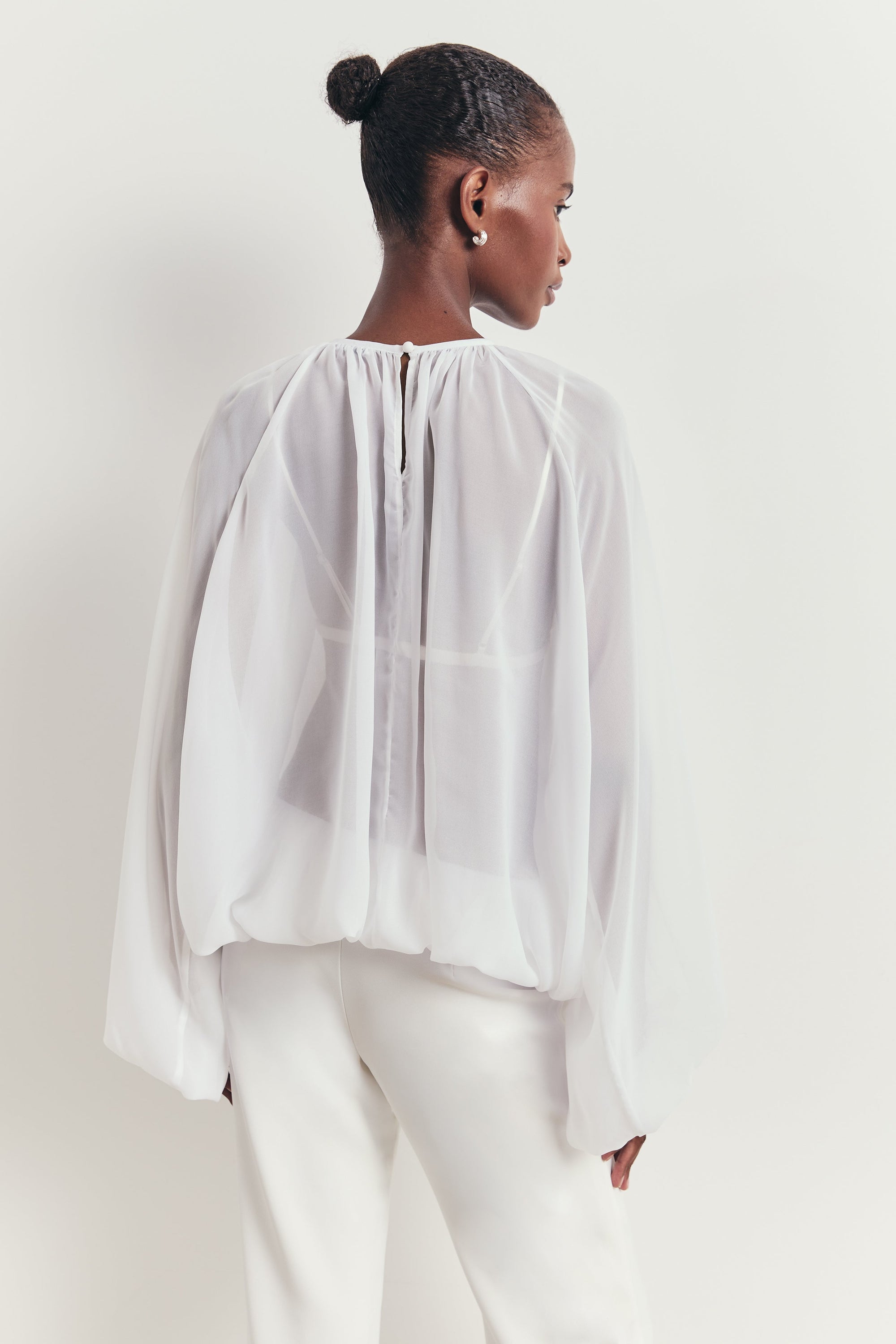 Sheer Chiffon Volume Sleeve Blouse - White