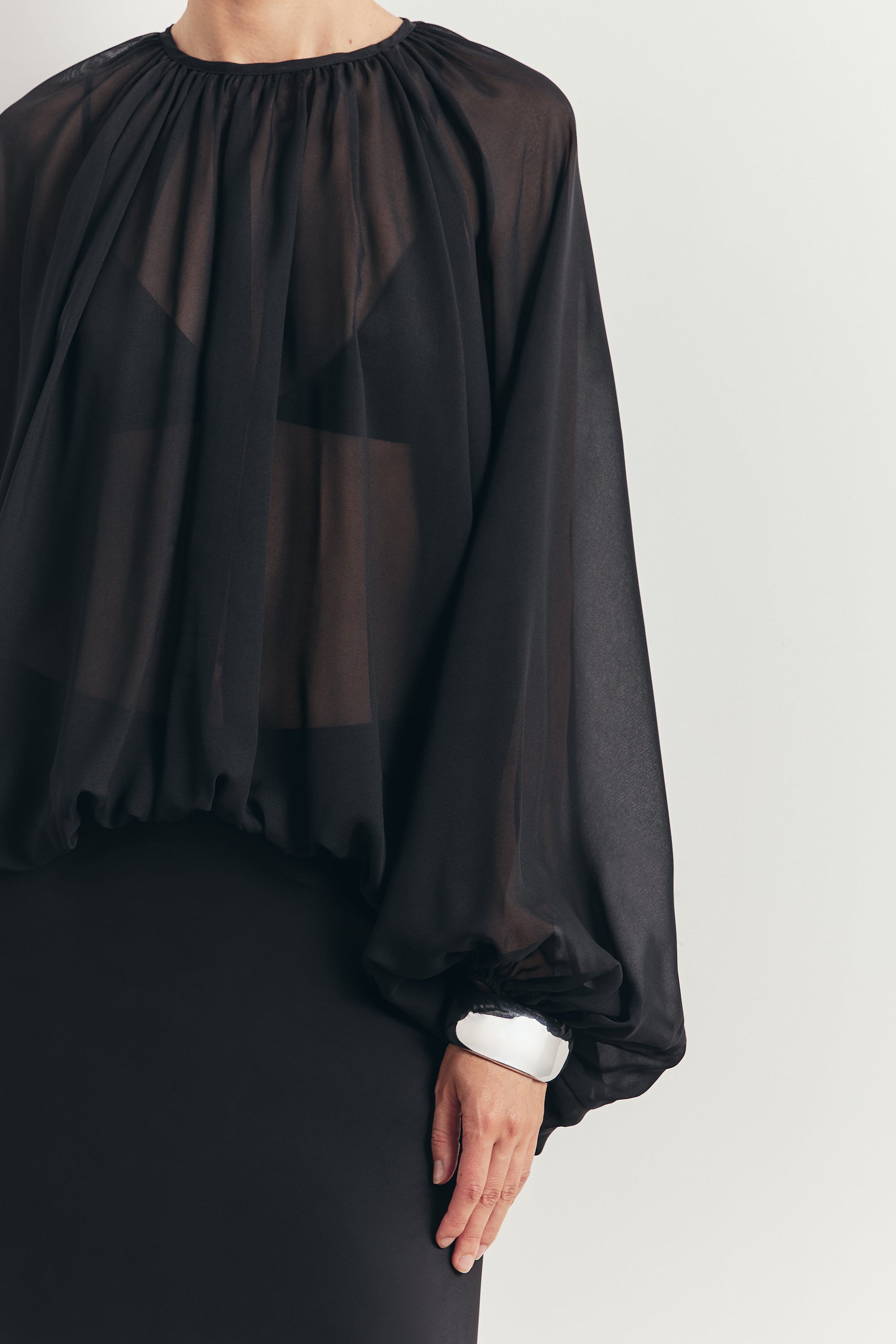 Sheer Chiffon Volume Sleeve Blouse - Black