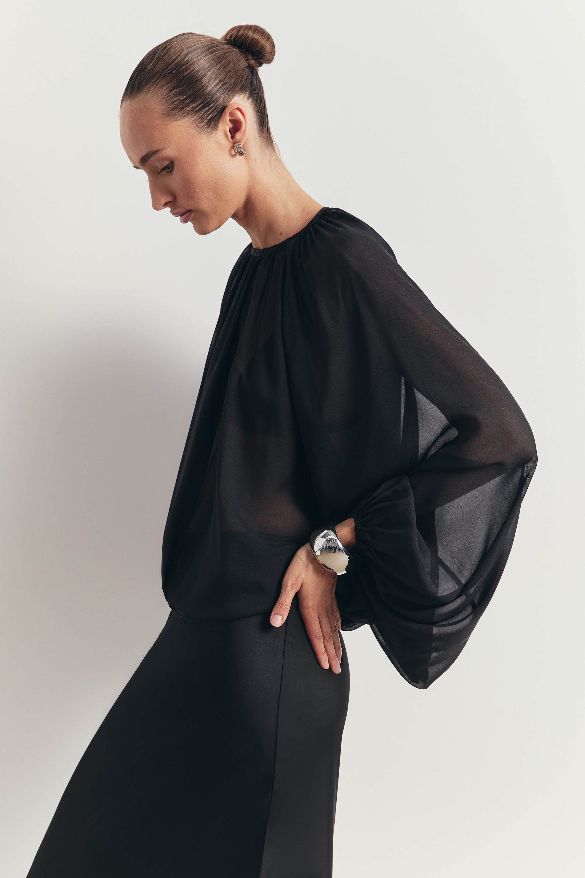 Sheer Chiffon Volume Sleeve Blouse - Black
