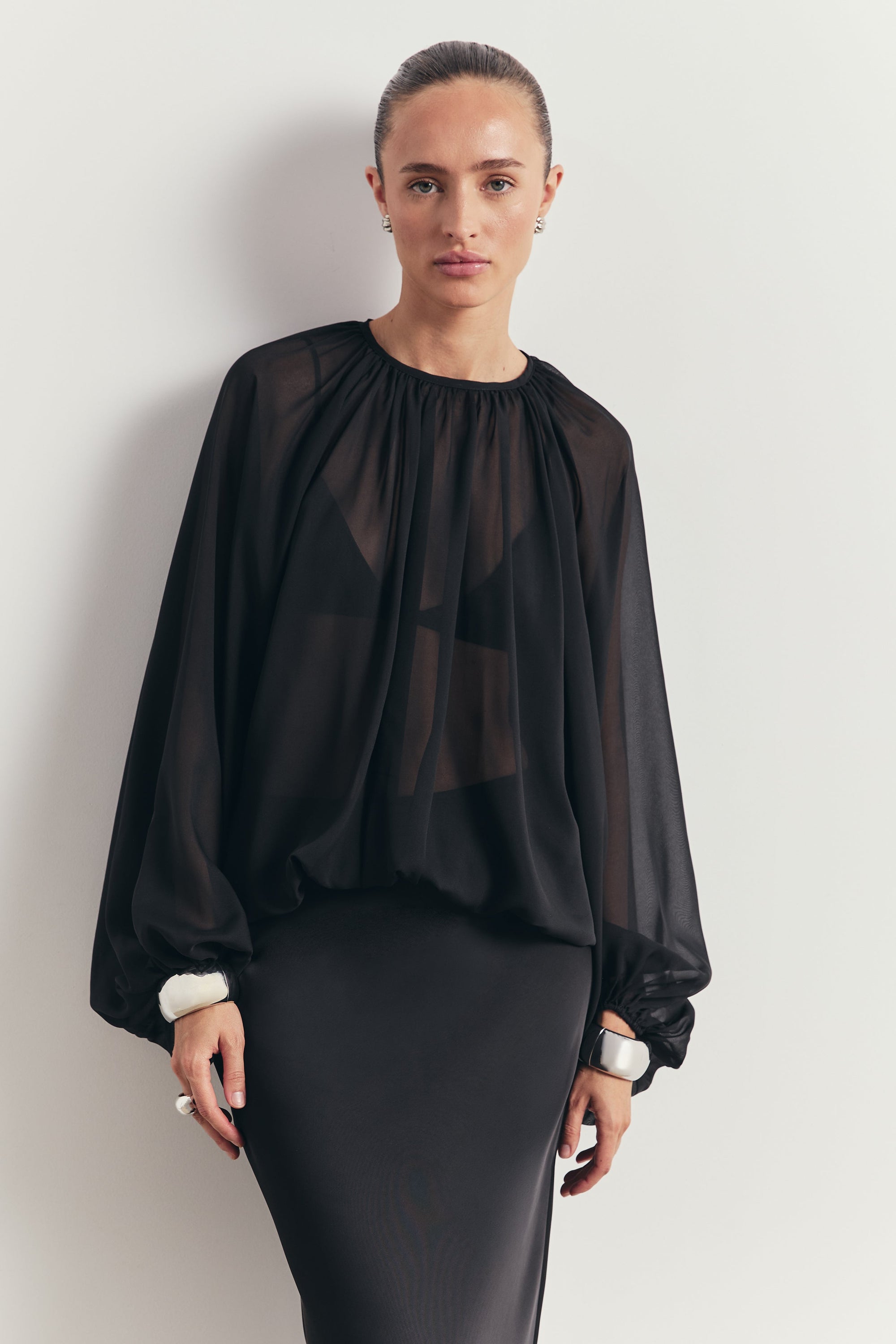 Sheer Chiffon Volume Sleeve Blouse - Black