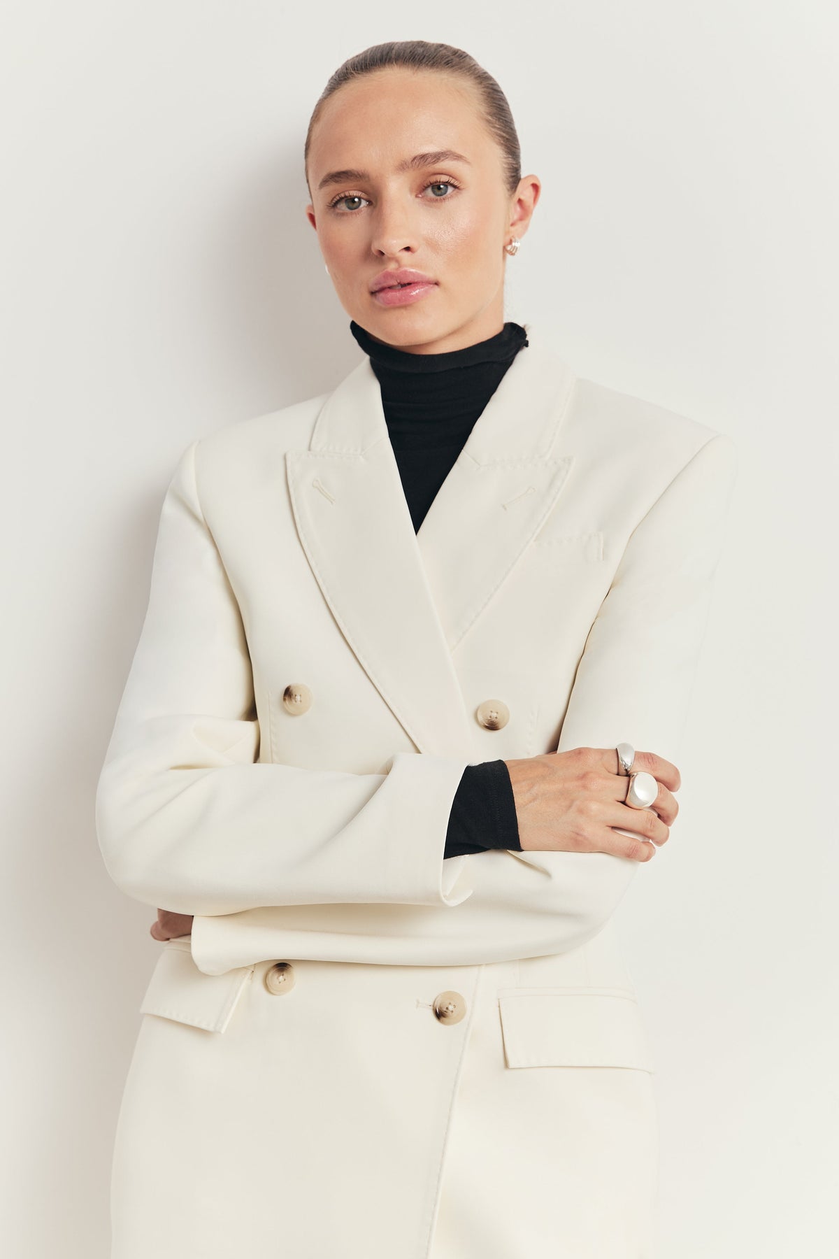 Structured Double Breasted Hourglass Coat - Cream