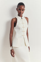Tailored Satin Mandarin Collar Top - Ivory