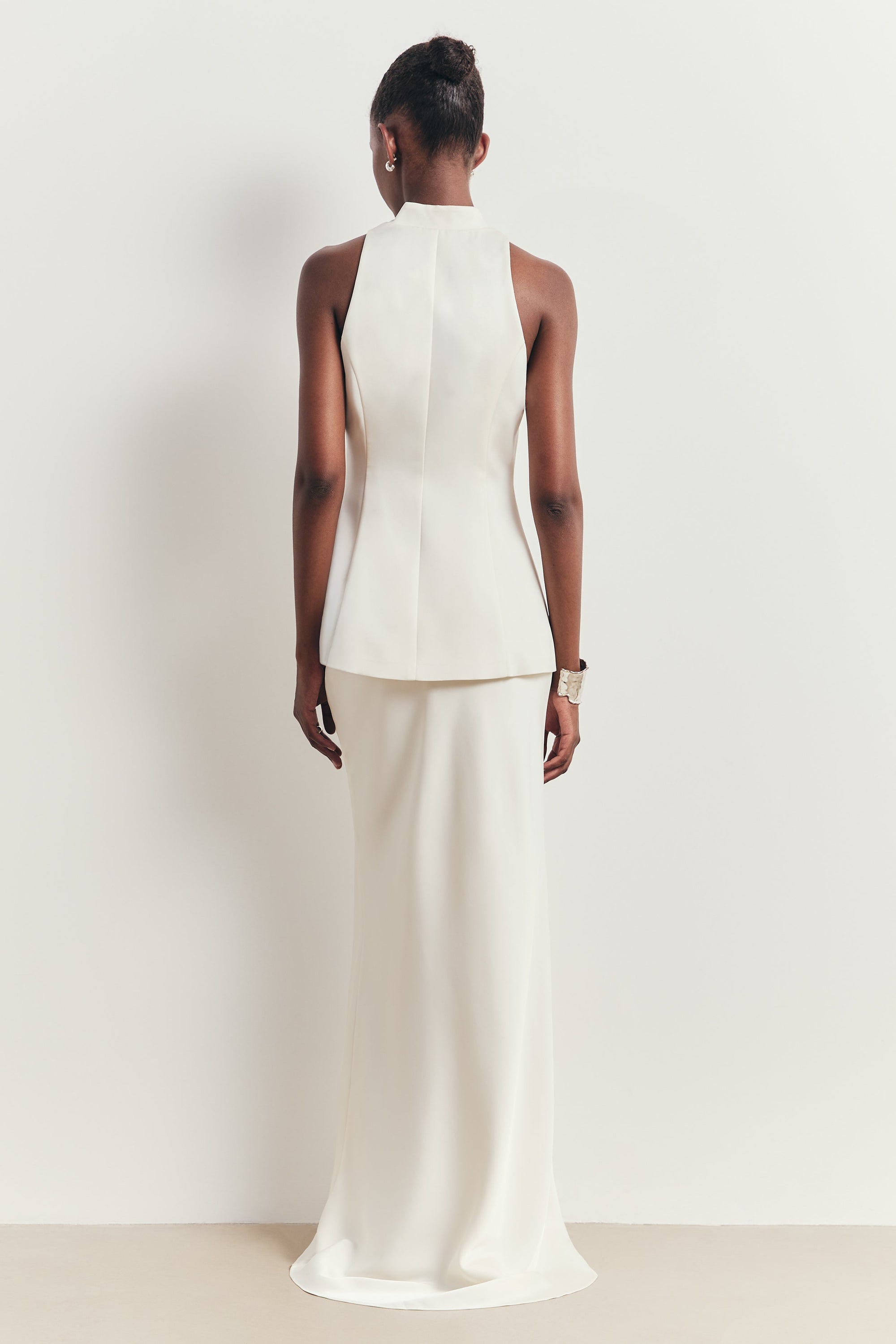 Tailored Satin Mandarin Collar Top - Ivory